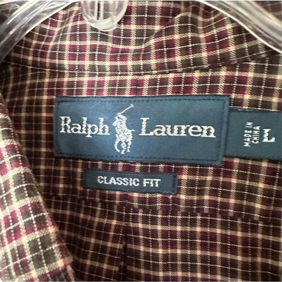 Ralph Lauren men classic fit burgundy plaid long sleeve shirt size L #44-1349 - Picture 3 of 5